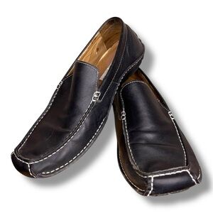 Size 10 Steve Madden Mens Black Leather Loafers White Stitch Accent Classic